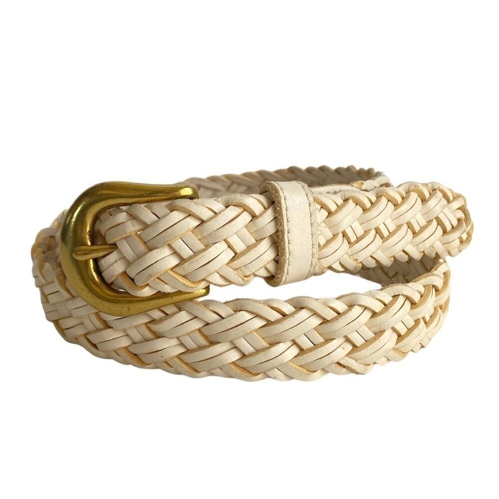Vintage Woven Braided Leather Belt Off White Yellow‎ Womens Large
